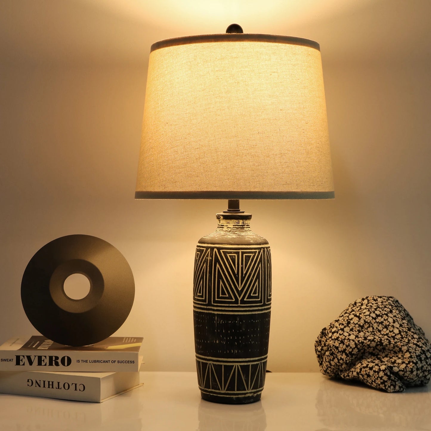 2 Pack 25-Inch Carved Geometric Ceramic Table Lamp With Linen Shade,
