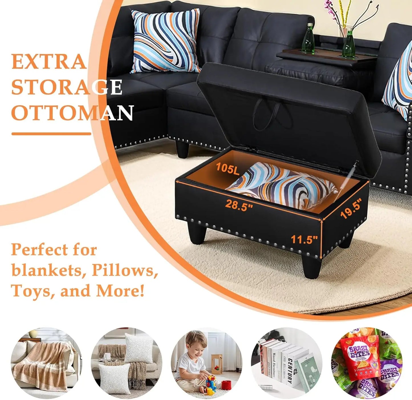 Sectional Couch, with Chaise Lounge, Ottoman & 2 Pillows | L Shape Couch