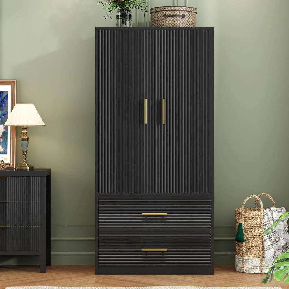 Large Armoire Wardrobe Closet Collection with 2 Drawers & Hanging Rods,