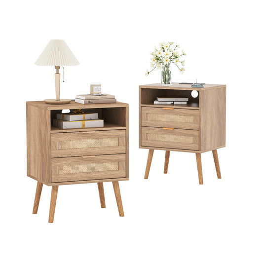 Rattan Nightstand Set of 2 with LED Light&USB Ports