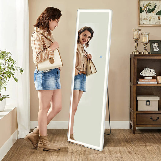 Led 64"x21" Full Length Mirror Standing Hanging or Wall-Mounted Mirrors with Stand Aluminum Alloy Frame For Living Room