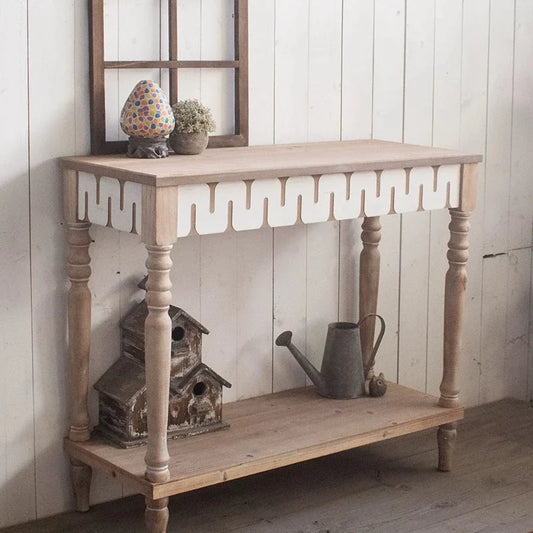 Rustic Console Table with Decorative Trim, Natural Wood,