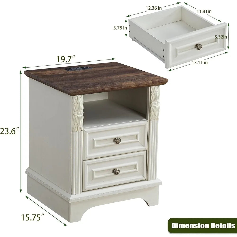 Nightstand with Charging Station, Farmhouse End Side Table, Smart LED Night Stand,