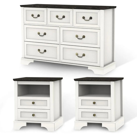 Farmhouse Bedroom Set,, Rustic Wood 6 Drawer Dresser and Nightstands, Chest of Drawers