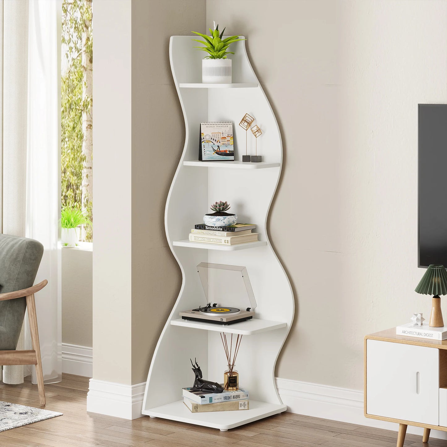 Modern 5-Tier Wall Corner Bookshelf,