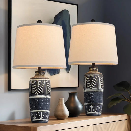 2 Pack 25-Inch Carved Geometric Ceramic Table Lamp With Linen Shade,