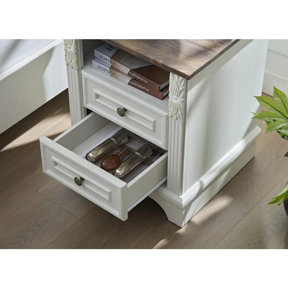 Nightstand with Charging Station, Farmhouse End Side Table, Smart LED Night Stand,