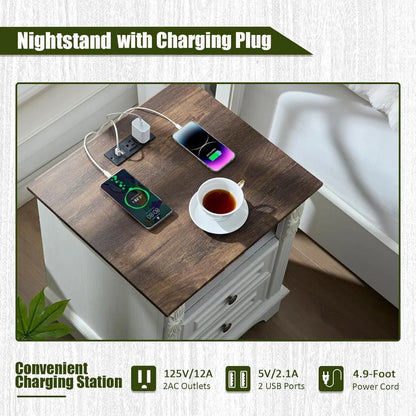 Nightstand with Charging Station, Farmhouse End Side Table, Smart LED Night Stand,