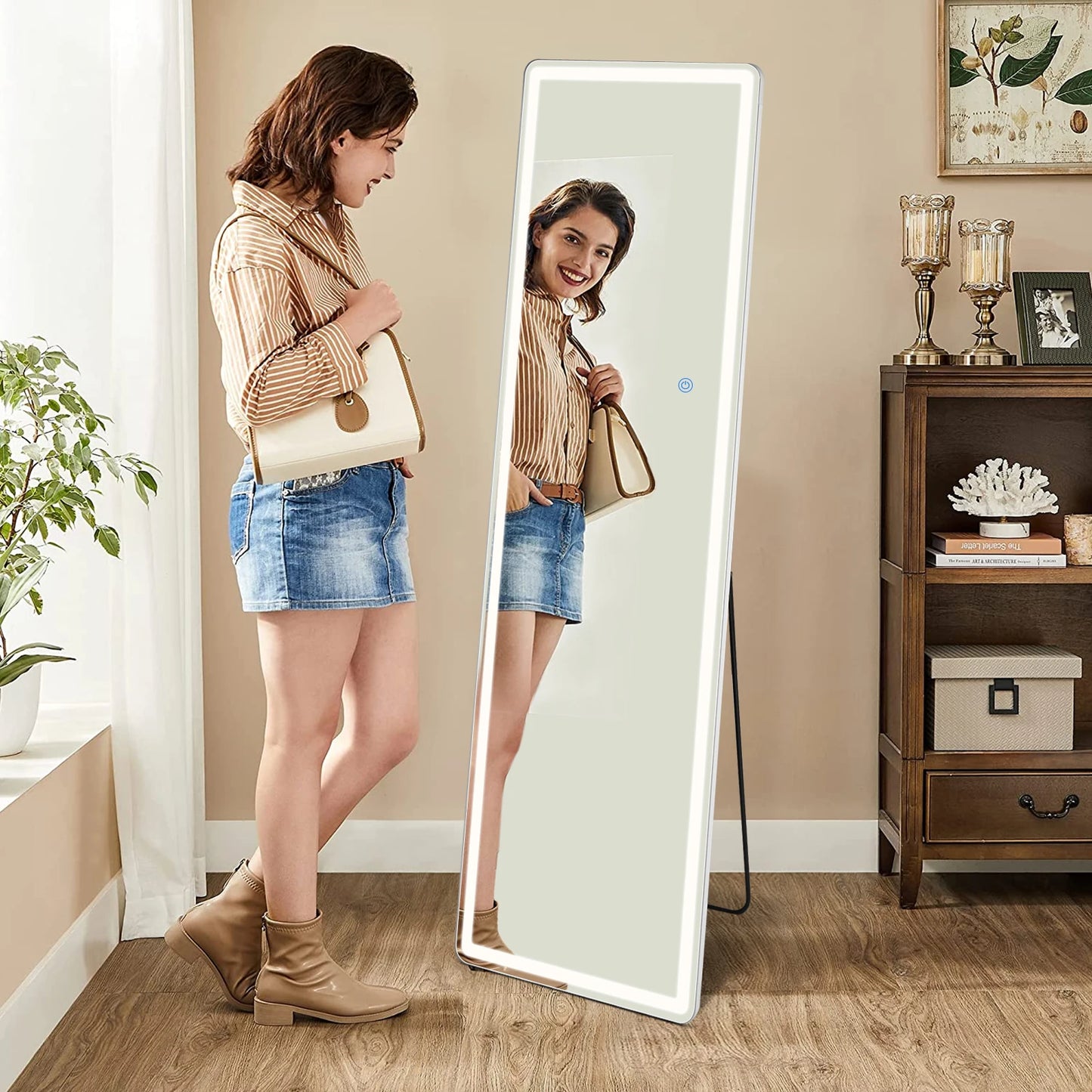 Led 64"x21" Full Length Mirror Standing Hanging or Wall-Mounted Mirrors with Stand Aluminum Alloy Frame For Living Room