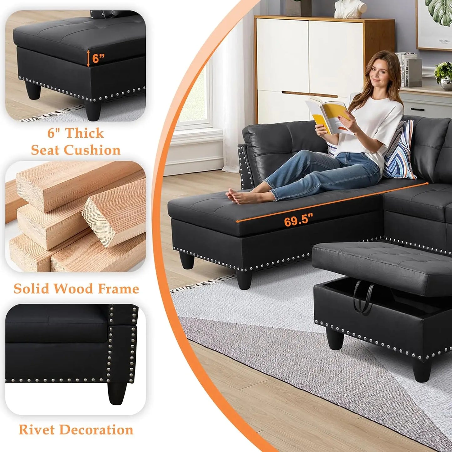 Sectional Couch,  with Chaise Lounge, Ottoman & 2 Pillows | L Shape Couch