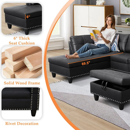 Sectional Couch,  with Chaise Lounge, Ottoman & 2 Pillows | L Shape Couch
