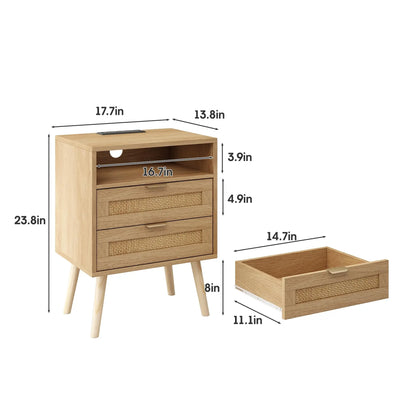 Rattan Nightstand Set of 2 with LED Light&USB Ports
