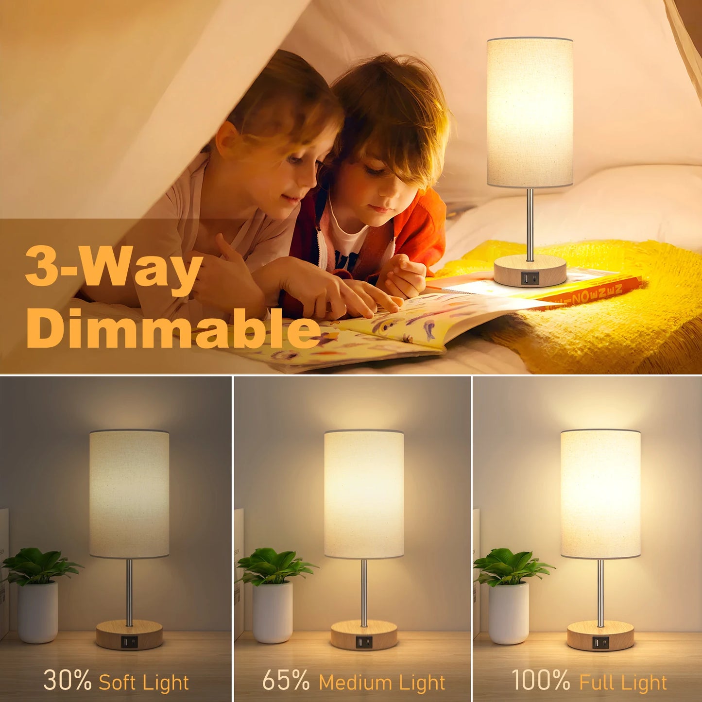 2 Pack 14 Inch Small Table Lamp for Bedroom, 3 Way Dimmable, Touch Control,