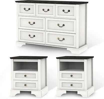 Farmhouse Bedroom Set,, Rustic Wood 6 Drawer Dresser and Nightstands, Chest of Drawers