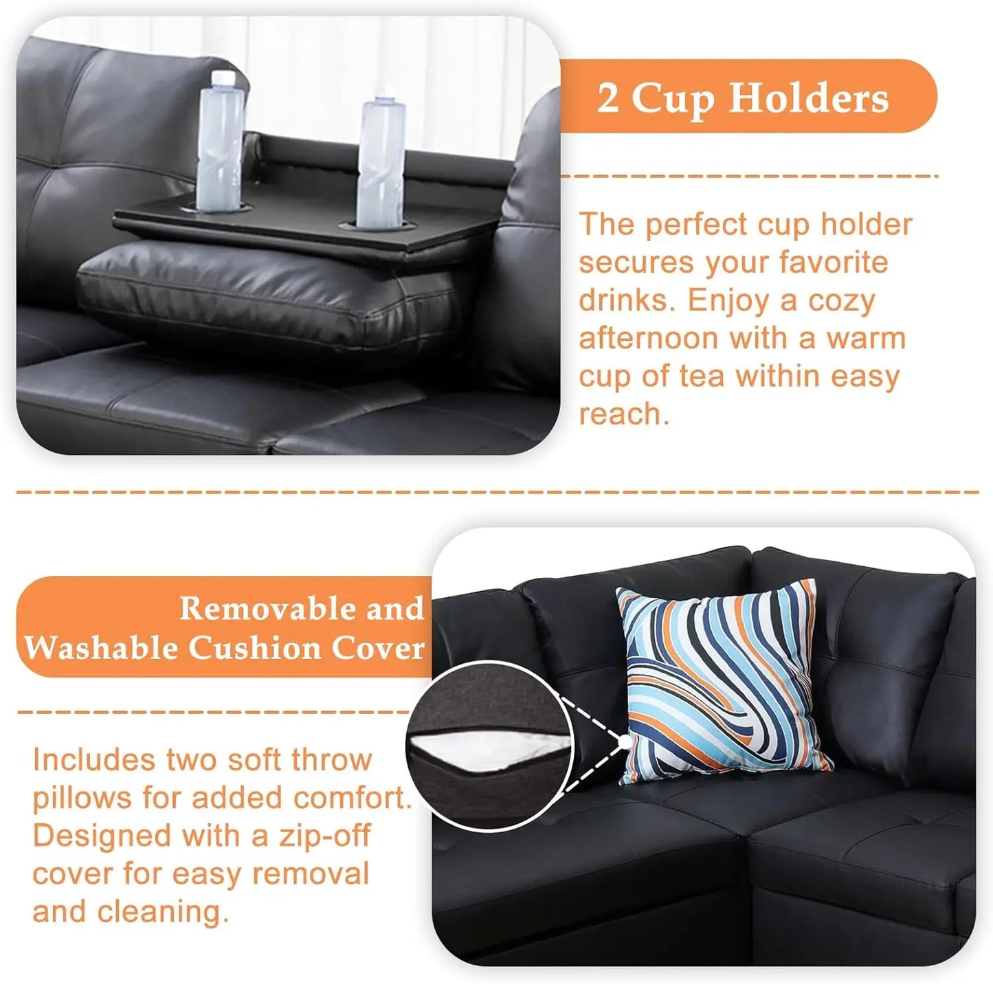 Sectional Couch,  with Chaise Lounge, Ottoman & 2 Pillows | L Shape Couch