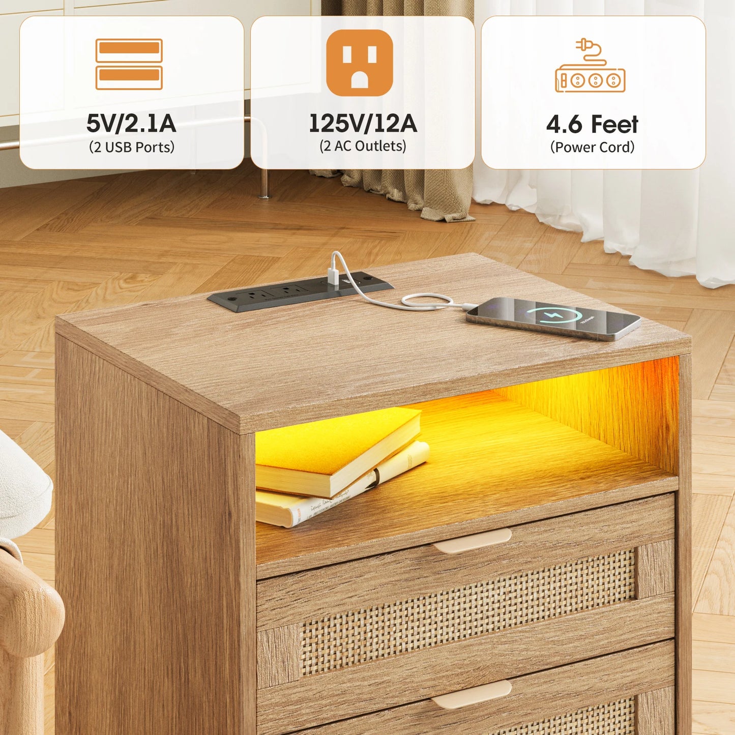 Rattan Nightstand Set of 2 with LED Light&USB Ports