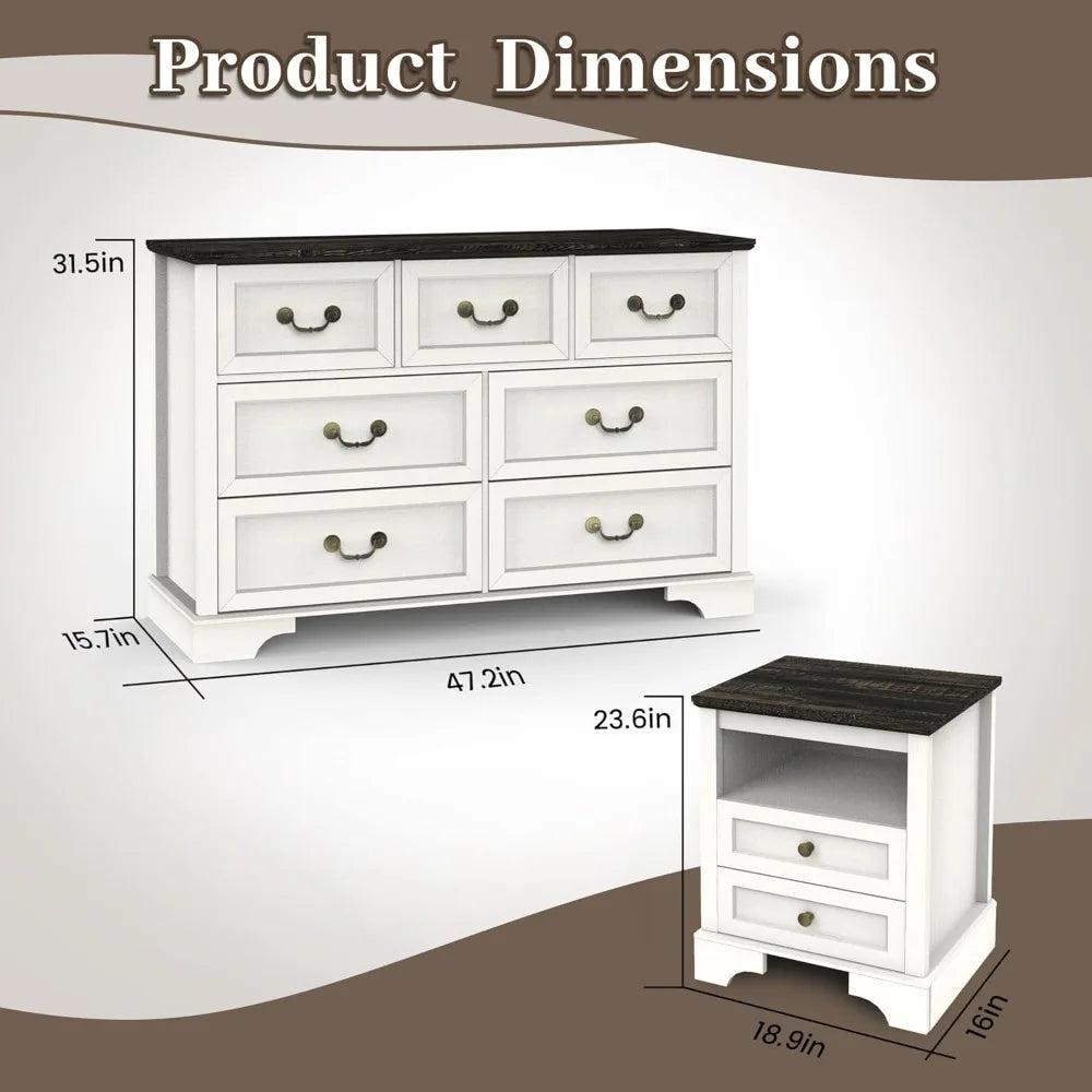 Farmhouse Bedroom Set,, Rustic Wood 6 Drawer Dresser and Nightstands, Chest of Drawers