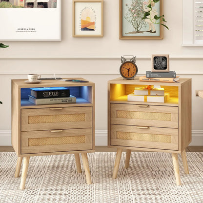 Rattan Nightstand Set of 2 with LED Light&USB Ports