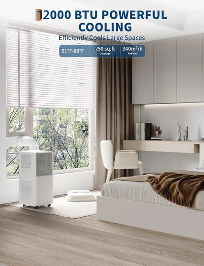 12,000 BTU Drainage-free Portable Air Conditioner for Indoor Rooms, 3-In-1 AC Unit for Bedroom 190-250 Sq.Ft, Dehumidifier, Fan,