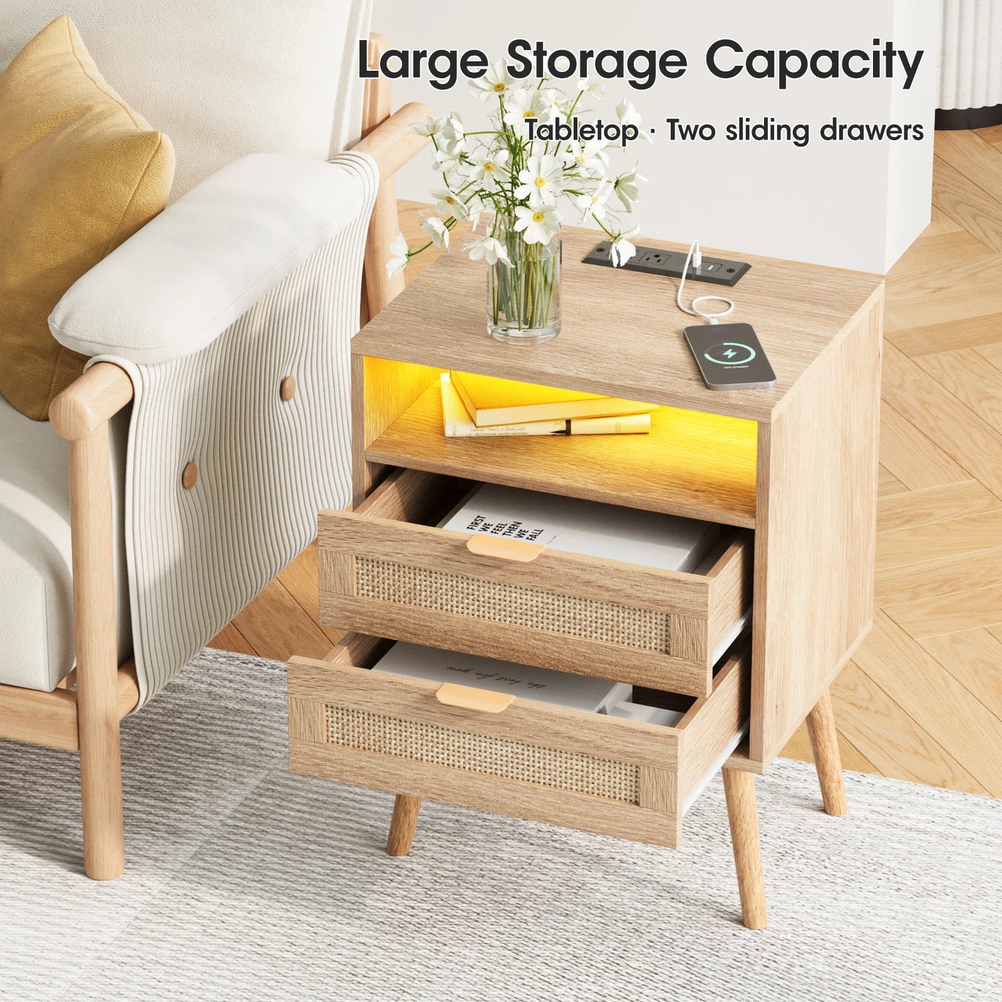 Rattan Nightstand Set of 2 with LED Light&USB Ports