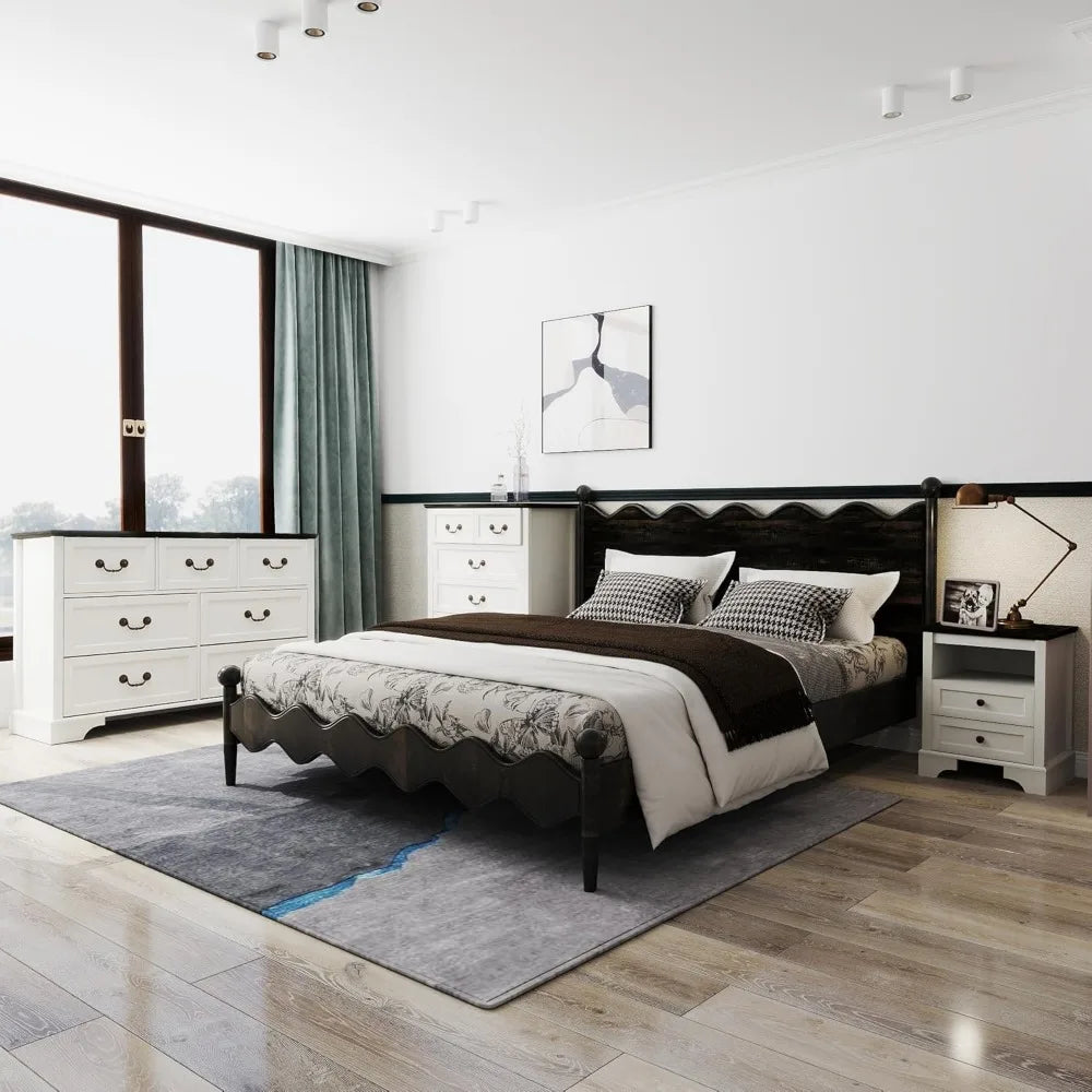 Farmhouse Bedroom Set,, Rustic Wood 6 Drawer Dresser and Nightstands, Chest of Drawers