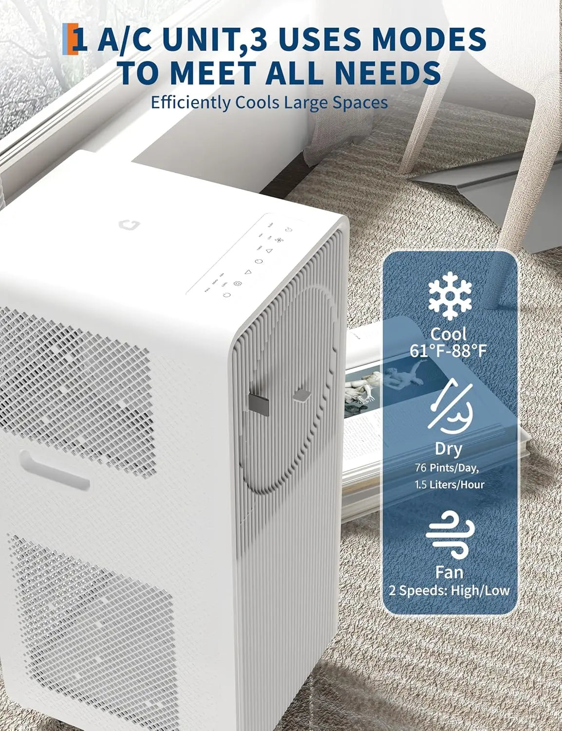 12,000 BTU Drainage-free Portable Air Conditioner for Indoor Rooms, 3-In-1 AC Unit for Bedroom 190-250 Sq.Ft, Dehumidifier, Fan,