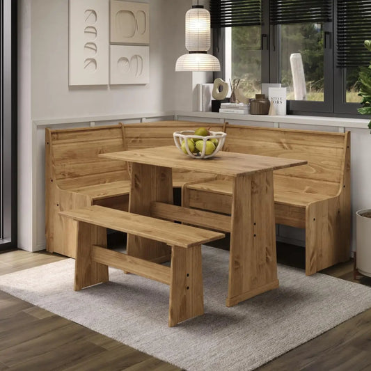 Solid Wood Corner Dining Set 64.8" W x 19.9" D x 33.4" H- Farmhouse Table and Bench Set, Farmhouse Furniture for Dining Room