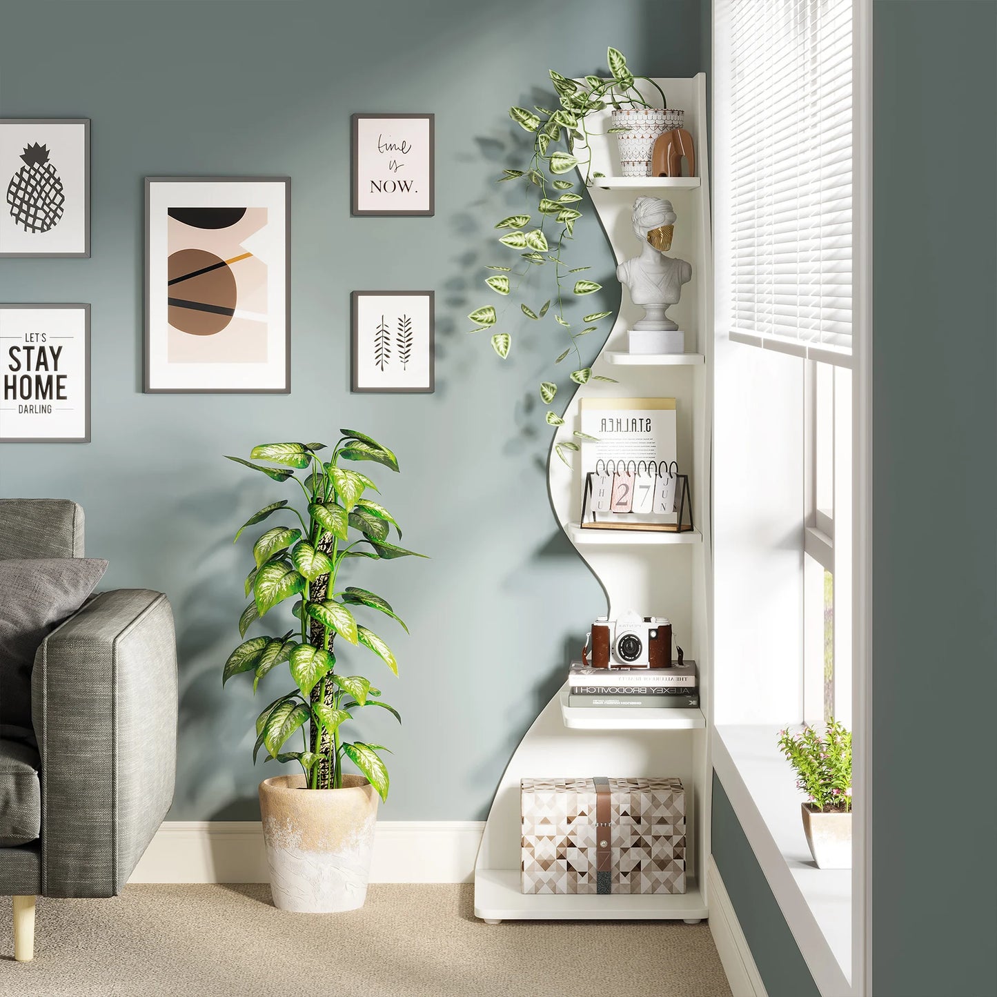 Modern 5-Tier Wall Corner Bookshelf,