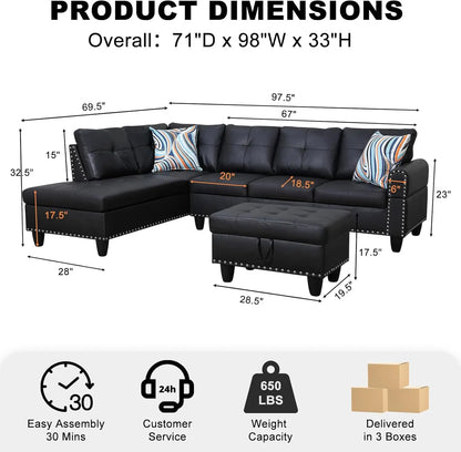 Sectional Couch,  with Chaise Lounge, Ottoman & 2 Pillows | L Shape Couch